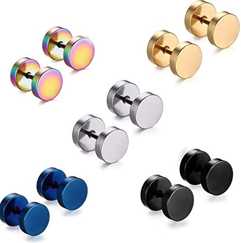 5 Pairs Stainless Steel Round Silver Gold Hoop Barbell Plugs Screw Studs Earrings Men Women Clip on Fake Gauges Earring 8MM
