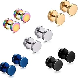 5 Pairs Stainless Steel Round Silver Gold Hoop Barbell Plugs Screw Studs Earrings Men Women Clip on Fake Gauges Earring 8MM