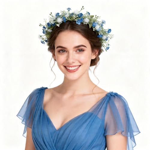 June Bloomy Bridal Flower Crown Women Rose Floral Headband Maternity Photo Prop Baby Shower Leaf Hair Wreath (B-Blue)