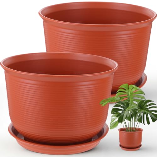 RimCereal 2 Pack 14 Inch Large Planter Pot with Drainage Hole and Saucer Plastic Large Terracotta Plant Tree Pots Flower Tree Containers for Indoor Outdoor Gardening Front Porch Patio Yard or Deck