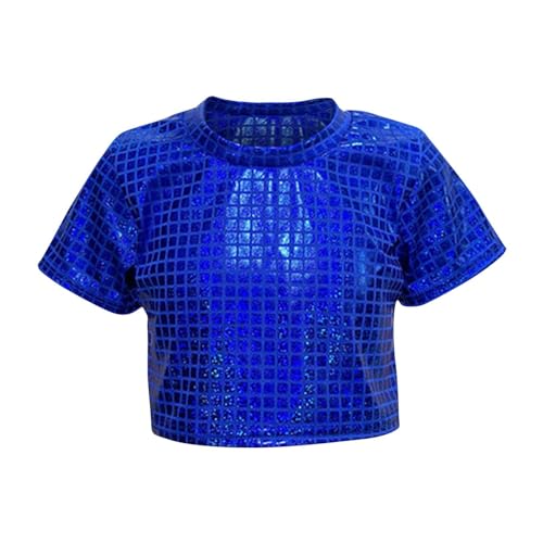 Girls Metallic Shiny Crop Tops Short Sleeve Sparkly Sequin Disco Party Shirts for Dancing, Raves, Festivals2