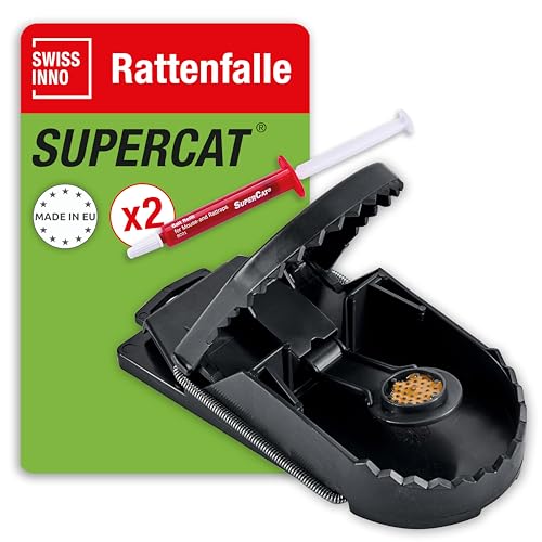 SWISSINNO Rattenfalle Schlagfalle SuperCat für Ratten mit Köder – Extra Starke, Wiederverwendbare mit Erdnussbutter-Lockstoff – Hygienisch & sofort...