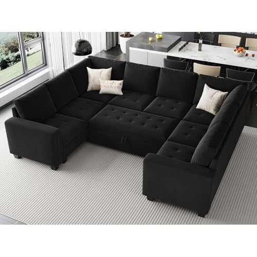 Belffin Modular Sectional Sleeper Sofa With Pull Out Bed - U Shaped Velvet Couch for Living Room - Black U shape sofa Black