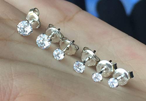 Round Clear Cubic Zirconia Sterling Silver Stud Earrings for Women Girls Cartilage Hypoallergenic Mini Diamond CZ Huggie Piercings Post 2mm 3mm 4mm Set4