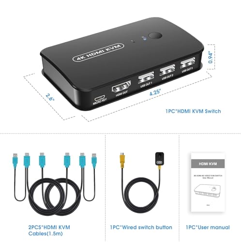 Image of MICROWARE HDMI USB KVM Switch Selector for 2 Computers Share Keyboard Mouse Printer and 1 HD 4K Monitor, 2 KVM Cables Included