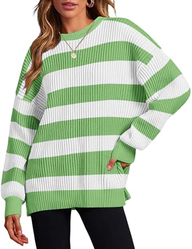 Zeagoo Women 2026 Winter Oversized Sweater Crew Neck Long Sleeve Color Block Pullover Rib Knit Blouse Tops White Green Striped Medium