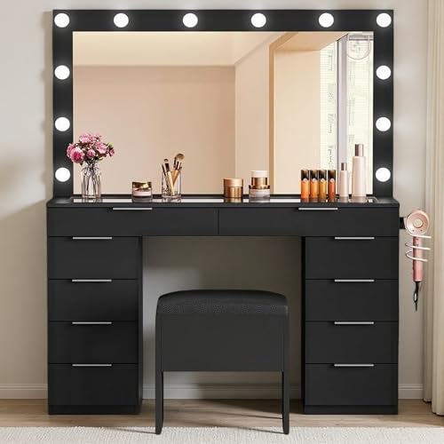 Image of DWVO 10 Drawer Large Makeup Vanity Table with Glass Top, LED Mirror, Charging Station & Cushioned Storage Stool, 46-Inch Dressing Desk Set with 3 Lighting Modes Brightness Adjustable, Dark Black