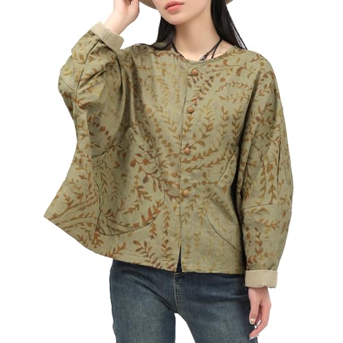 Women's Casual Jacket-Shirt Autumn Botanical Print Linen Long Sleeve Top Breathable Wind Resistant Outerwear Coat