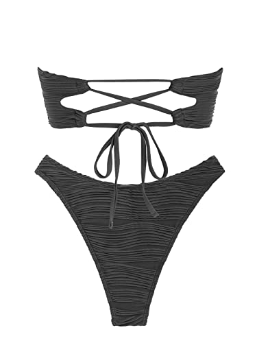 Image of ZAFUL Women Strapless Textured Bandeau Bikini 2 Piece Swimwear Cheeky Solid Lace up Bathing Suits