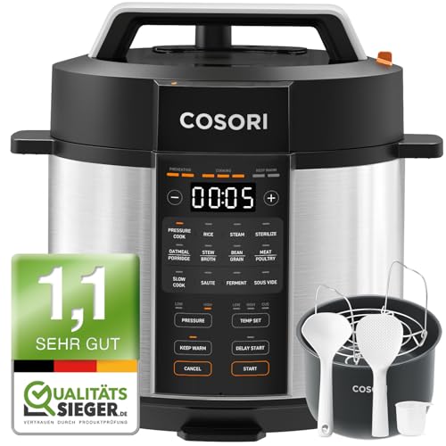 COSORI Schnellkochtopf, Keramikbeschichtung, 9-in-1, Multikocher mit 14 Funktionen, Pressure Cooker 5,7 L, Reiskocher, Dampfgarer, Joghurtbereiter, Slow cooker und Sous Vide, Rezeptbuch, Edelstahl