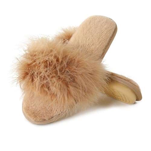 Fur Story Women's Furry Slippers Open Toe Fuzzy Slippers Memory Foam Fluffy House Slippers