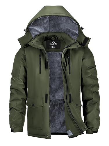 Tansozer Herren Wasserabweisende Winterjacke Warm Gefütterte Outdoorjacke Thermo Arbeitsjacke mit Abnehmbarer Kapuze, Armeegrün, L