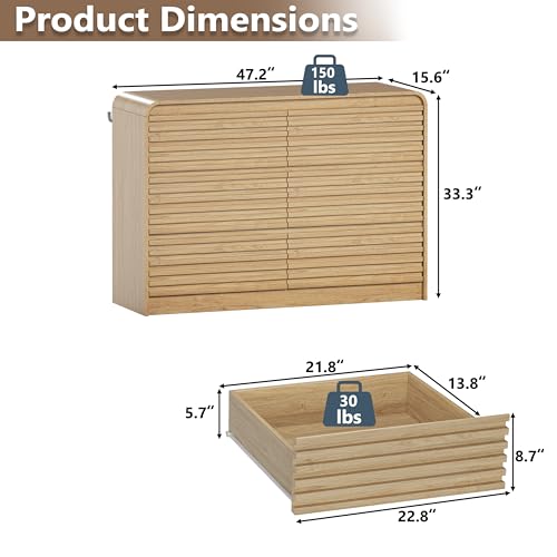 Image of 6 Drawer Dresser for Bedroom,47 inch Wide Fluted Dresser with Curved Edge and Ergonomic Handleless, Large Wooden Clothes Storage Organizer, Modern Chest of Drawers for Closet, Living Room, Natural Wood
