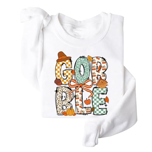 Image of TONGCHEN Gobble Gobble Turkey Sweatshirt Fall Pumpkin Thanksgiving Crewneck Sweatshirts Women Gift (US, Alpha, Large, Regular, Regular, White)