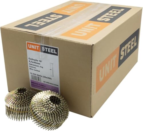 UnitSteel 15° Coilnägel - 2,1X45mm, 10.500 stück, Ringnägel für Druckluft-Nagler, Ring/verzinkt, für fast alle Marken von Tackern