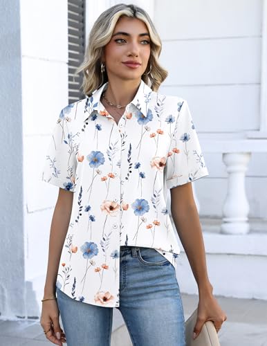 Image of Zeagoo Button Down Shirts for Women Short Sleeve Collared Tops Dressy Casual V Neck Blouses