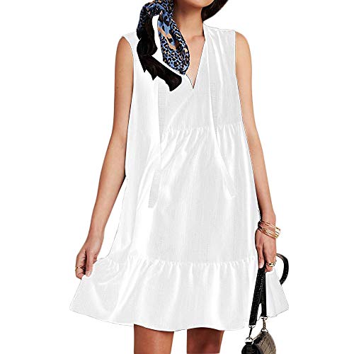 Joteisy Women’s Casual V Neck Tie Front Sleeveless Tiered Mini Dress (White, S)