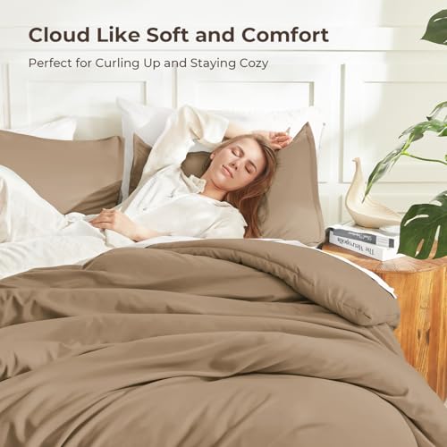 Image of Litanika Comforters Taupe Oversized Queen Size, 3 Pieces Lightweight Solid Bedding Set & Collections, All Season Fluffy Bed Set (98x98In Comforter & 2 Pillowcases)
