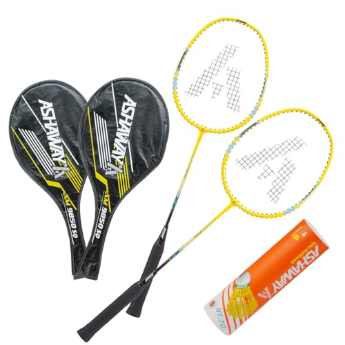 Image of ASHAWAY Badminton Rackets Set of 2 - AM 9850 SQ | Aluminum Rackets Combo with 6 Shuttlecock Pack & Half Cover | Ideal for Adults & Kids | Lightweight & Durable for Recreational Play