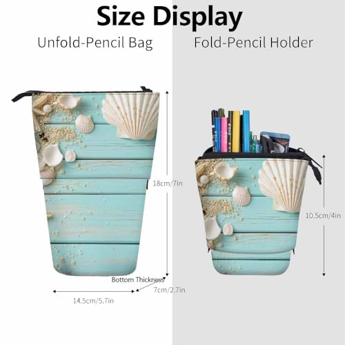 Image of Swono Seashells Pencil Holder Beach Ocean Starfish Wooden Nautical Border Stand Up Pencil Case Organizer Cosmetics Pouch For Women Men Turquoise