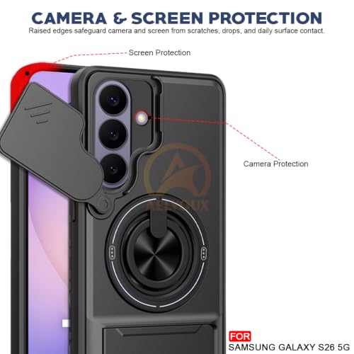 Image of Samsung Galaxy S26 5G Back Cover | Armor Camera Slider 360 Degree Rotating Finger Ring Holder Case with Bracket Stand Back Case Cover (Compatible with MagSafe Accessories) (Black)