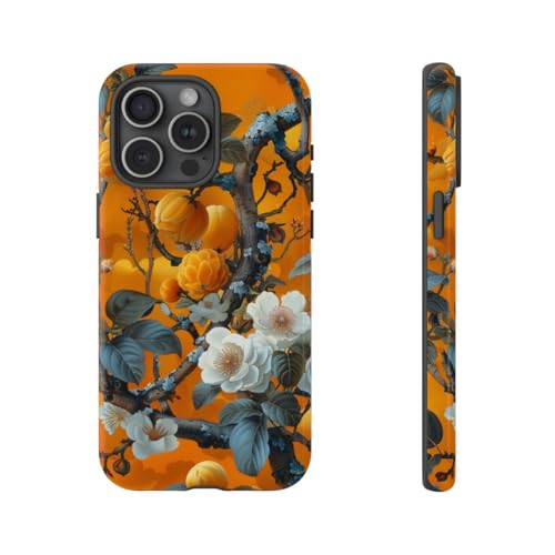 Coque iPhone 15 Pro Max fleurie orange style botanique rétro
