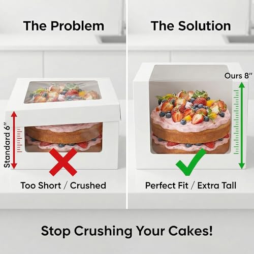 BOPLYBAY 10x10x8 Inch Tall Cake Boxes with Window & Boards – 3 Pack White Bakery Boxes for 8–10 Inch Cakes - Image 2