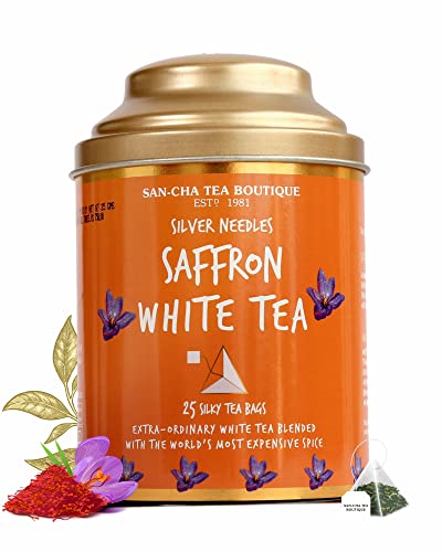 Image of Sancha Tea Boutique, Saffron White Tea, Silver Needle Tea, 25 Pyramid Tea Bags, Blended with Worlds Rarest Spice- Saffron from Kashmir, Silver Needles White Tea, Kesar Chai, Real Kesar Tea
