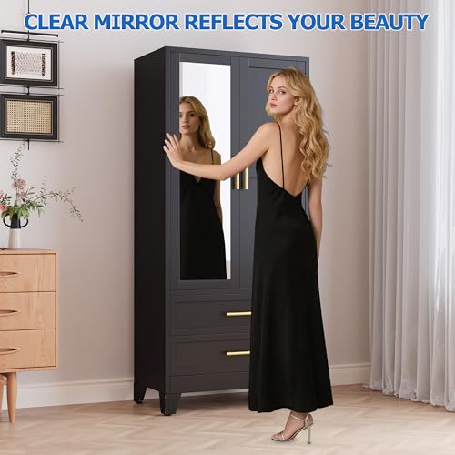 Image of GAIOUS Steel Armoire Wardrobe Closet with Mirror and 2 Drawers 71 inch Black