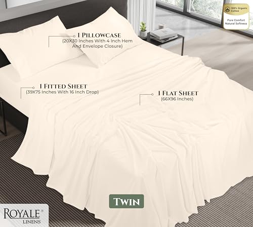 Image of ROYALE LINENS 100% Organic Cotton Twin Sheet Set - 16 inch Deep Pocket Bed Sheets - Eco Friendly Cream Bed Sheets - Sabanas Twin - 1 Flat, 1 Fitted & 1 Pillowcases - Cream Sheet Set - Cotton Bedding Sets