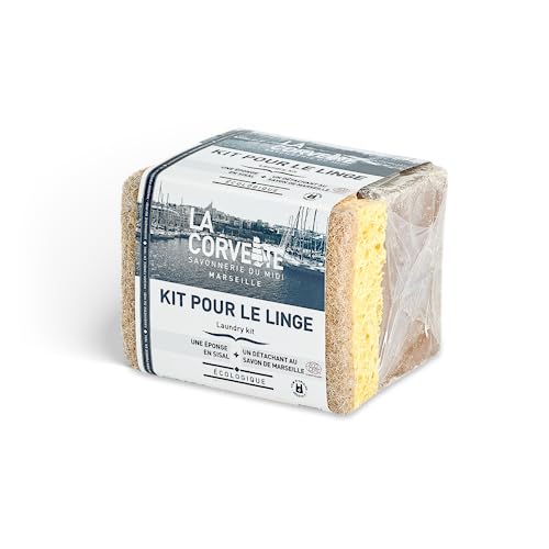La Corvette - Kit de lavado: jabón quitamanchas a base de jabón de Marsella enriquecido con nueces de lavado 250g y esponja de sisal