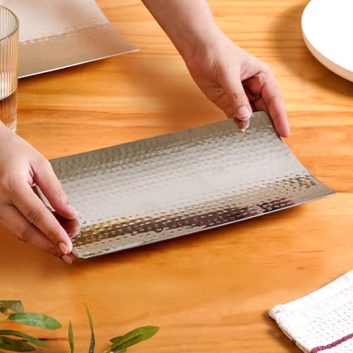 Image of Nestasia Stainless Steel Serving Platter for Snacks (25cmx15cm) - Hammered Rectangular Curved Steel Tray with Glossy Finish | Rust & Scratch Resistant Serveware for Appetisers, Desserts and Breads