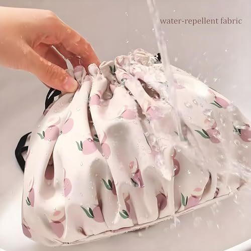 Large Capacity Drawstring Makeup Bag - Lightweight Cosmetic Organizer with Multiple Inner Pockets, Travel Toiletry Pouch for Women & Beauty Lovers (Portable, Effortless Storage)(Peach Pink) 6