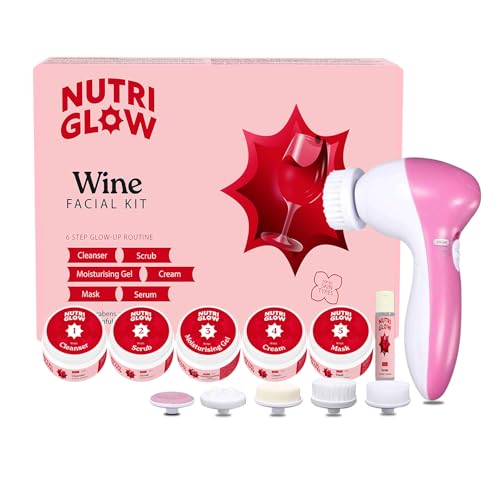 NutriGlow Wine Facial Kit with Red Grape Extracts – 6-Step Skincare Routine for All Skin Types, 260g | Includes Free 5-in-1 Face Massager for Men & Women