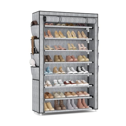VILICK Shoe Rack with Cover, 8 Tier Tall Shoe Organizer Storage for 36-45 Pair Shoes and Boots Large Shoe Storage Shelf Free Standing Shoe Rack for Closet, Front Door Entrance, Dorm, Garage, Printing
