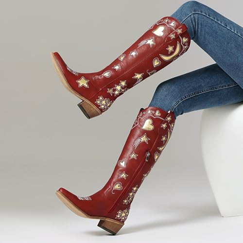 Western Cowboy Boots for Women Knee High, Stars Moon Heart Patterns Low Heel4