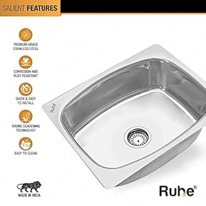 Ruhe® Oval Single Bowl 24x18x9 Inches Kitchen Sink | Exclusive Stainless Steel Oval Single Bowl Kitchen Sink | Glossy Finish | Included Sink Coupling and | Waste pipe