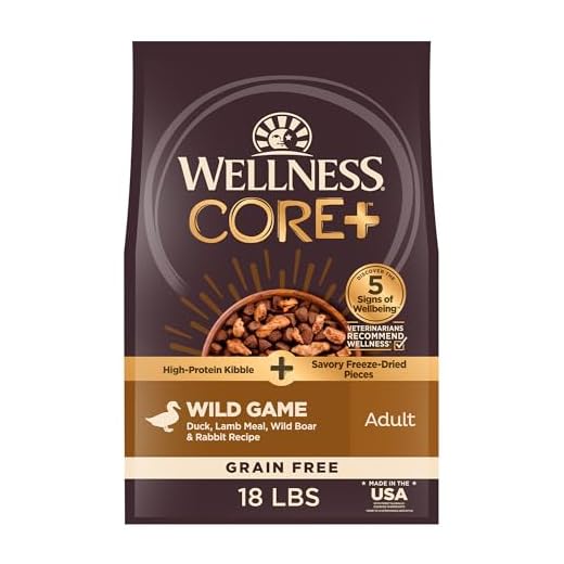 Wellness CORE+ Dry Dog Food with Freeze Dried Pieces, Grain Free, High Protein, Natural, Wild Game Duck, Lamb, Wild Boar, & Rabbit Recipe, (18-Pound Bag)