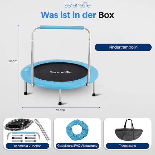 SereneLife Trampolin Klein, Ø 91cm Kindertrampolin Outdoor/Indoor, Klappbar mit Schaumstoffgriff, Max 68 Kg, Gartentrampolin für Kleinkind Jungen, Mädchen ab 3 4 5 6 7 Jahren, Himmelblau