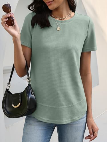 Image of ANRABESS Womens Waffle Knit Tops Short Sleeve Crewneck Shirts Curved Hem Summer Dressy Casual Blouses Spring Fashion Clothing