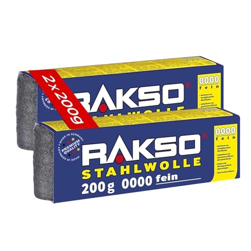 RAKSO Stahlwolle extrafein 0000-400 g 2 Banderolen à 200g poliert gewachstes Holz Kupfer Messing mattiert Oberflächen säubert Glas