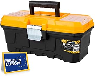 CANOPUS Professional Heavy Duty Plastic Tool Box Organiser With Metal Lock and Extra Storage Tray, 13 in Small Tool Box With Handle for Home Tools, Nails and Pins, Black-Yellow, Utility Toolbox