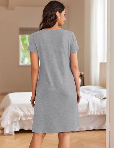 Image of Ekouaer Nightgown for Women Button Down Night Shirt V Neck Sleepdress Comfy Sleepshirts Short Sleeve Nightshirt Light Grey
