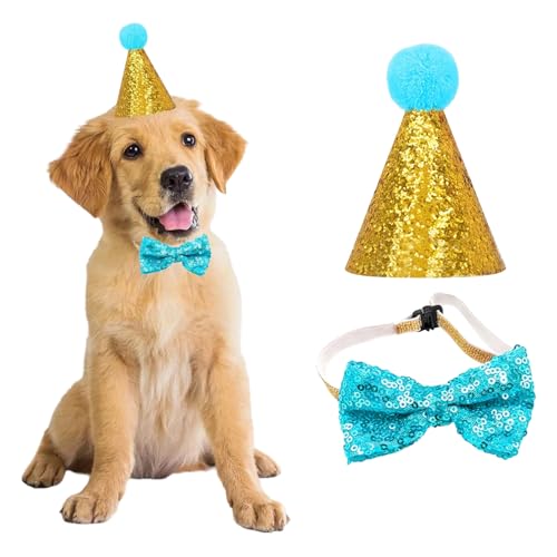 3 Piezas Juego de Gorro de Cumpleaños para Perro, Sombrero, Múmeros, Pajarita con Purpurina, Suministros de Fiesta de Cumpleaños, para Perros pequeños y medianos (Azul)