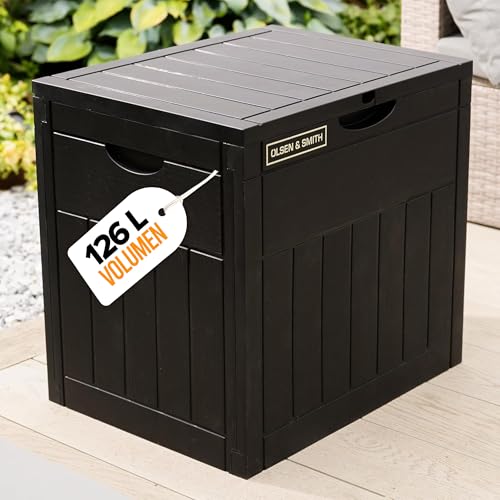 Olsen & Smith - Gartenbox 126L | Wasserdicht & Wetterfest | Abschließbare Aufbewahrungsbox aus Kunststoff | Robust, Pflegeleicht & Platzsparend