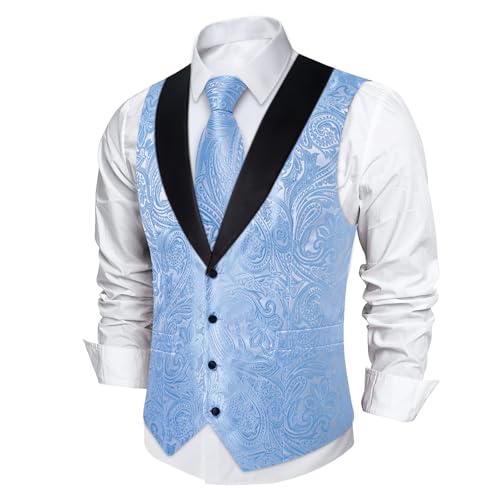 Image of DiBanGu Mens Paisley Suit Vest Silk Jacquard Waistcoat and Necktie Set Formal Shawl Collar Dress Vest 7PCS for Wedding Party