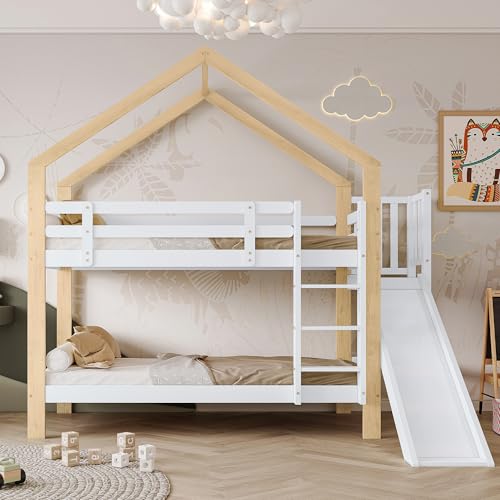 Moimhear Litera con tobogán y escalera angular de tres niveles, cama con protección contra caídas, cuna, marco de cama de madera maciza, color blanco y natural, 90 x 200 cm