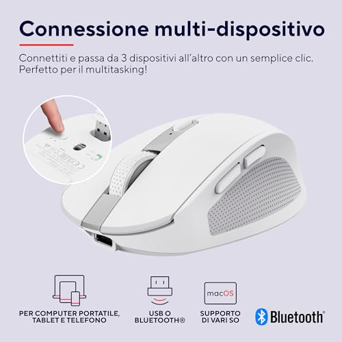 Trust Ozaa Mouse Wireless Bluetooth + 2.4Ghz, Mouse Senza Fili Silenzioso Compatto, 60% Plastica Riciclata, Mouse Bluetooth Ricaricabile Laptop Pc Computer Windows Android Mac - Bianco - 3