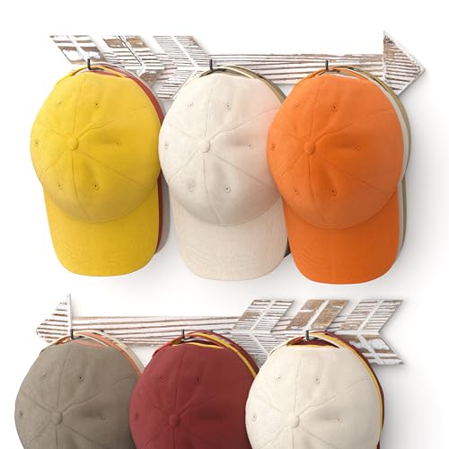 HYDERMUS Hat Organizer for 30 Baseball Caps 2 Pack Farmhouse Wood Arrow Hat Rack for Wall with 6 Hooks Hat Hanger for Closet Storage and Organization at Bedroom Washed White
