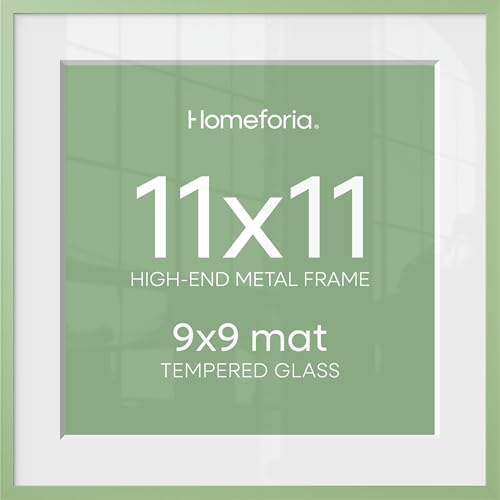 Image of Homeforia 11x11 Sage Green Picture Frame, High End Metal 11 by 11 Square Frames with Mat 9 x 9 Photo, 11by11 Poster Frame Matted to 9x9 inch Art, Wall Hanging Frame, Tempered Glass, Wall Kit, Set of 2